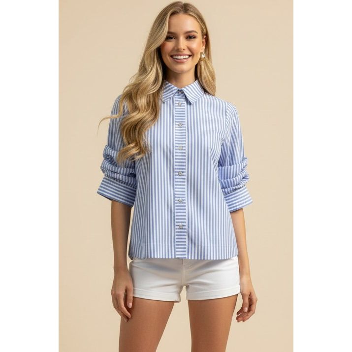 pinch ruched sleeve striped button down shirt blue and white top style# 7061T