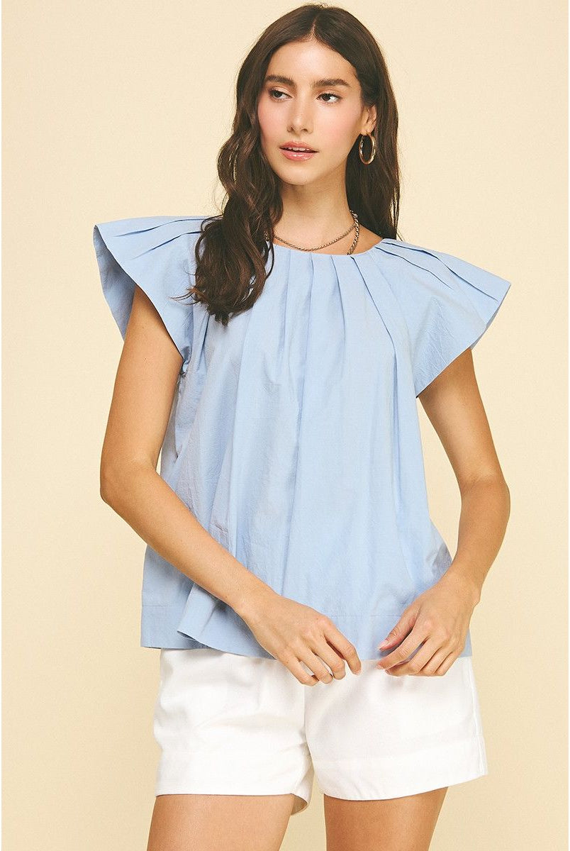 Pinch Angela Top in light blue with pleated shoulder details, stylish women's sleeveless blouse.