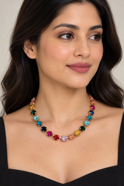 Rainbow Rhinestone Necklace by Marj & Lizzie, gold-tone strand of bezel-set multicolor stones