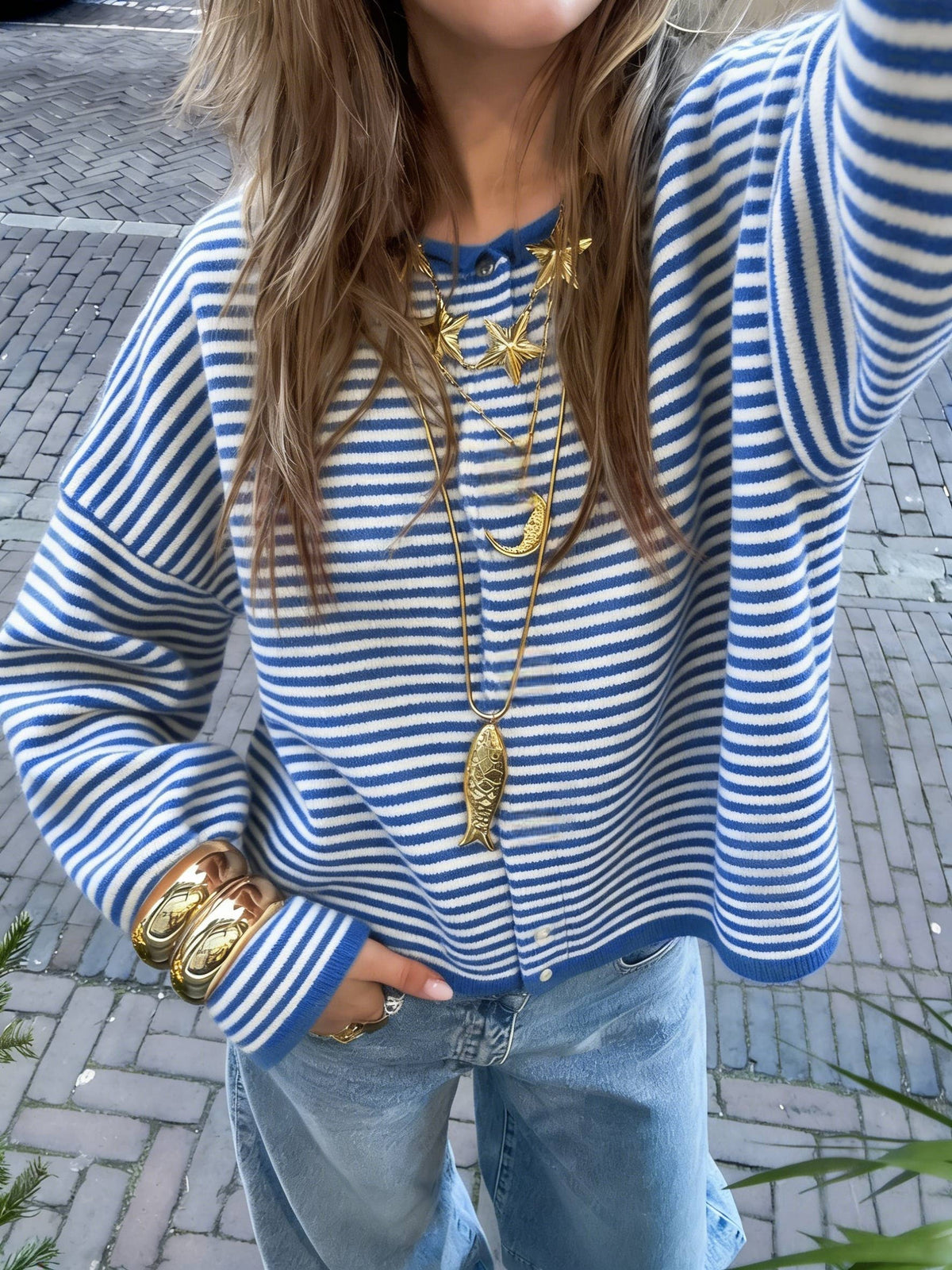 The Cora Beth Sweater by Rosa Clothing, blue and white striped knit cardigan with blue trim, front view