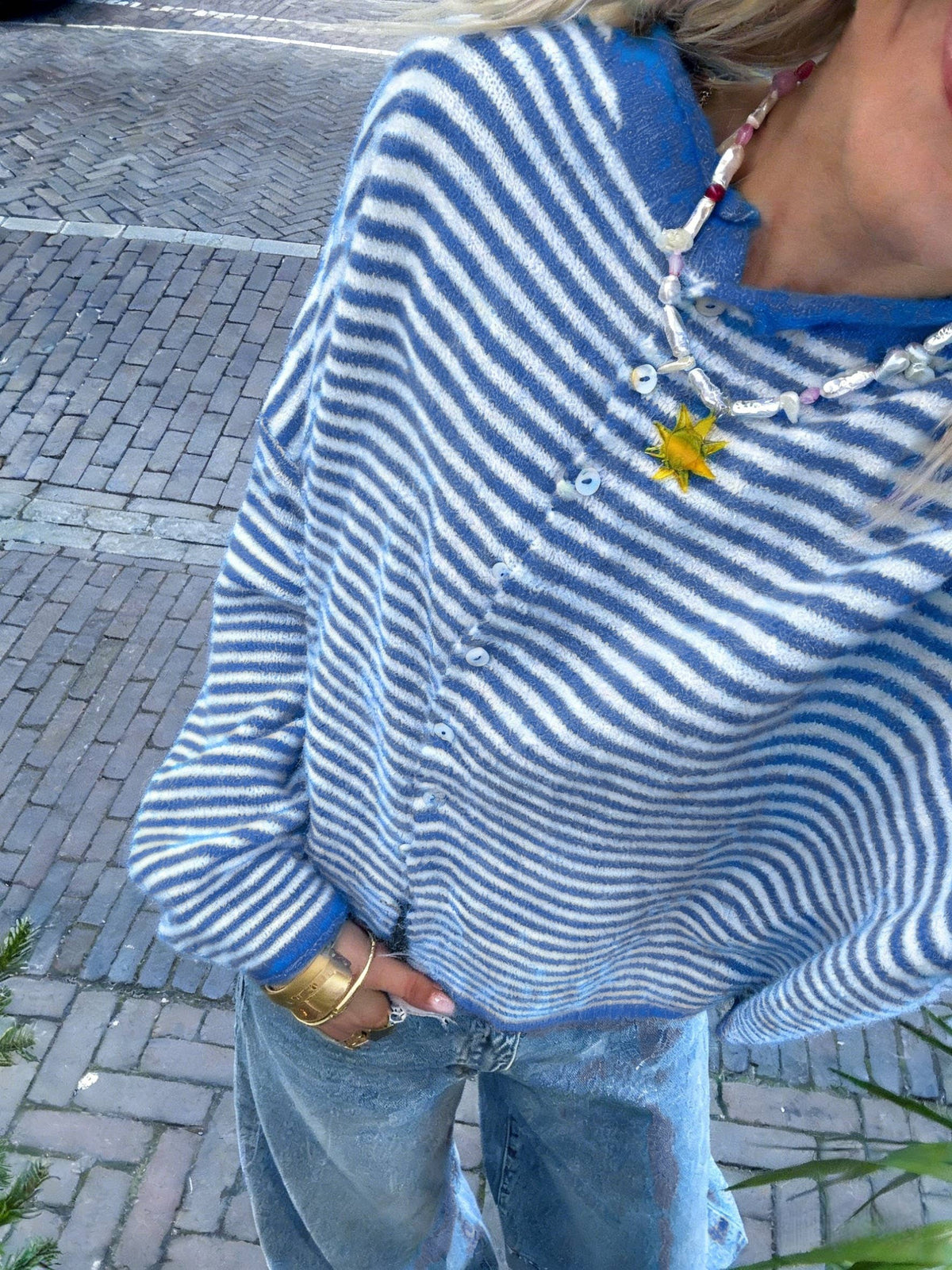 The Cora Beth Sweater by Rosa Clothing, blue and white striped knit cardigan with blue trim, front view3