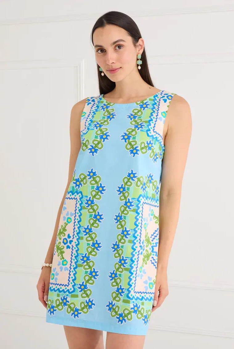 Alivia Rowan dress with green and blue floral folk pattern, lightweight fabric, and relaxed fit, perfect for casual wear.