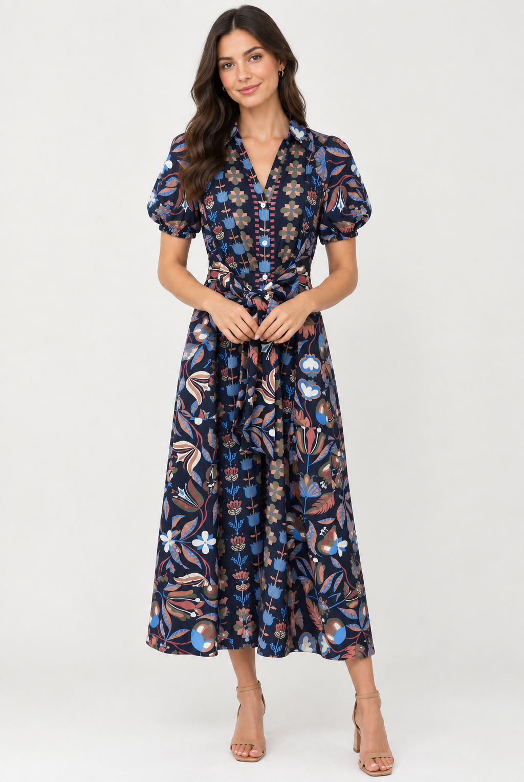 Abby Dress by Sail to Sable in navy geometric floral print, front view showing the tie waist