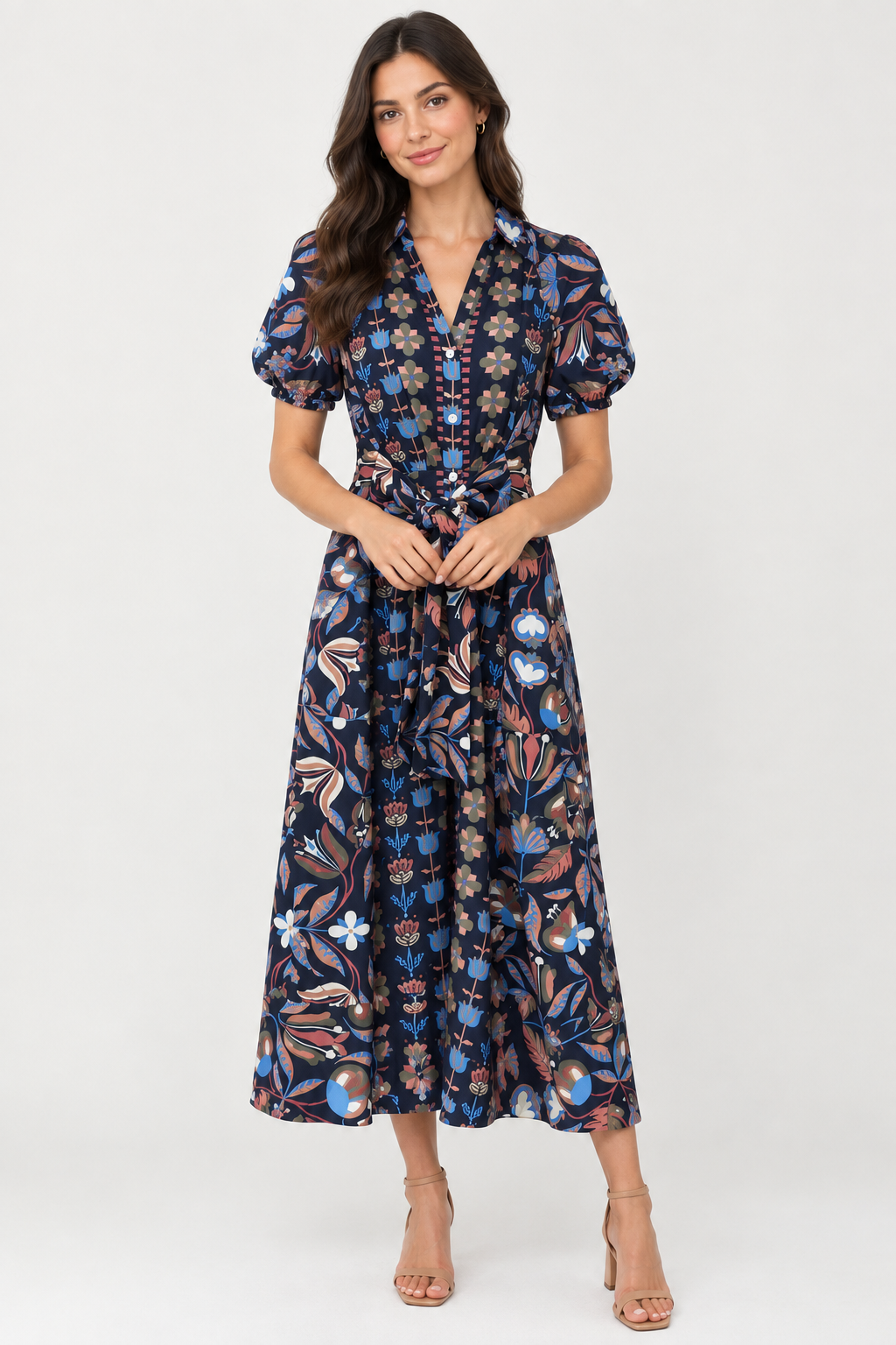 Abby Dress by Sail to Sable in navy geometric floral print, front view showing the tie waist