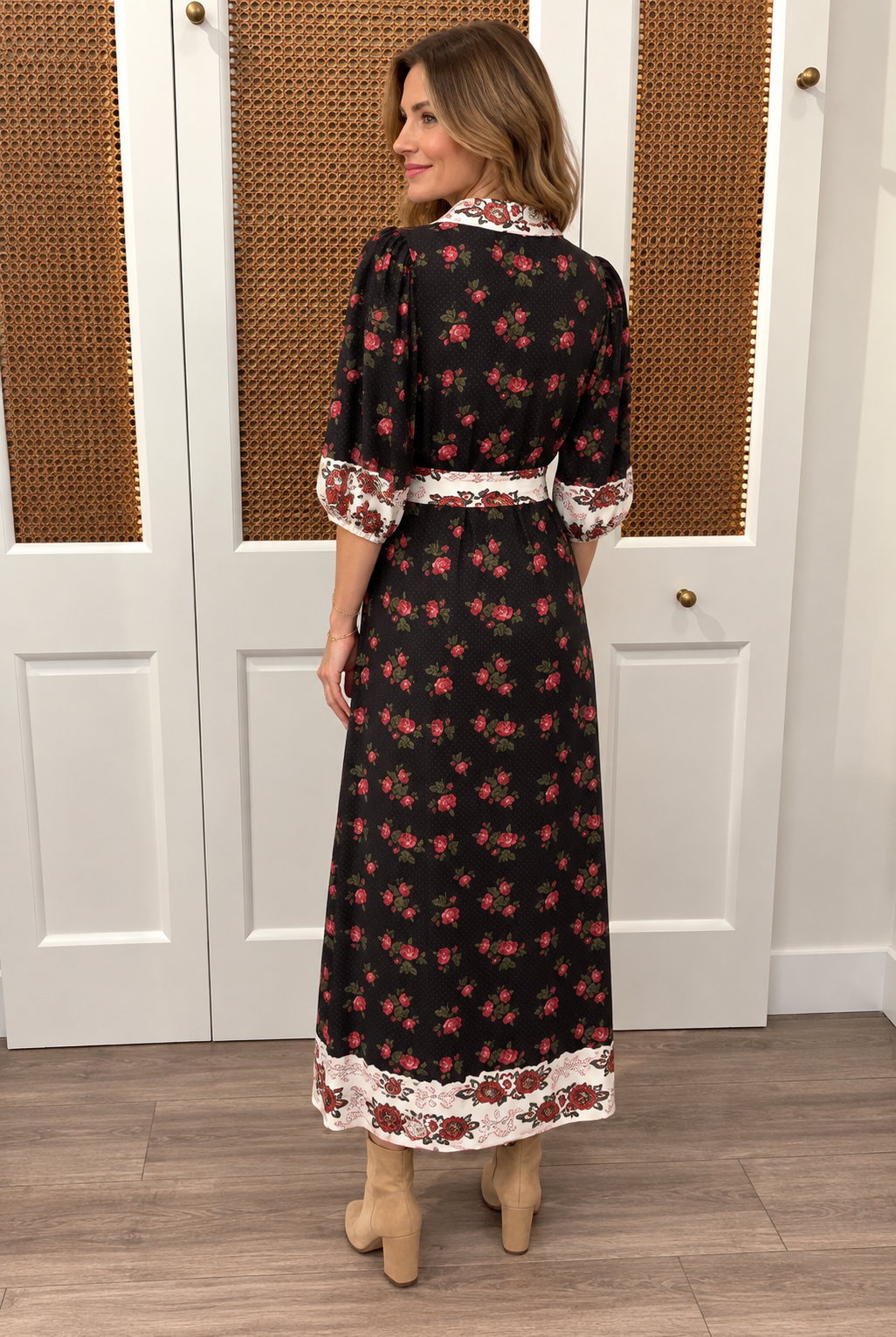 Brooks Dress by Smith & Quinn in Dream Garden — black rose print midi dress with A-line skirt and ivory border hem trim, back view