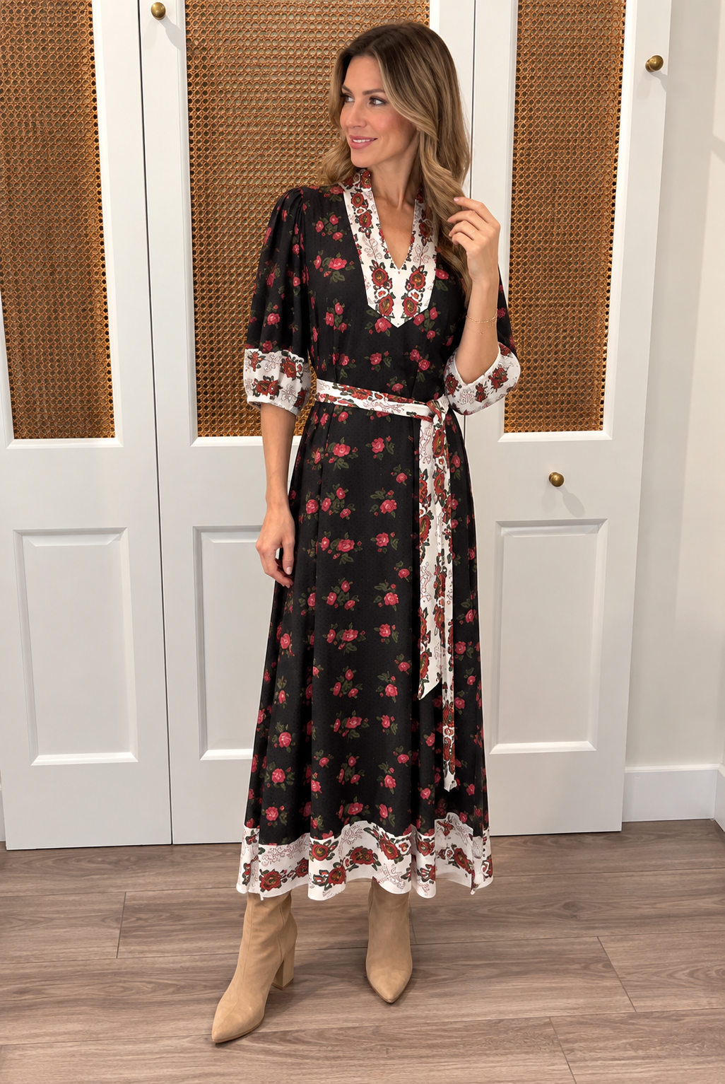 Brooks Dress by Smith & Quinn in Dream Garden — black rose print midi dress with A-line skirt and ivory border hem trim, belted view