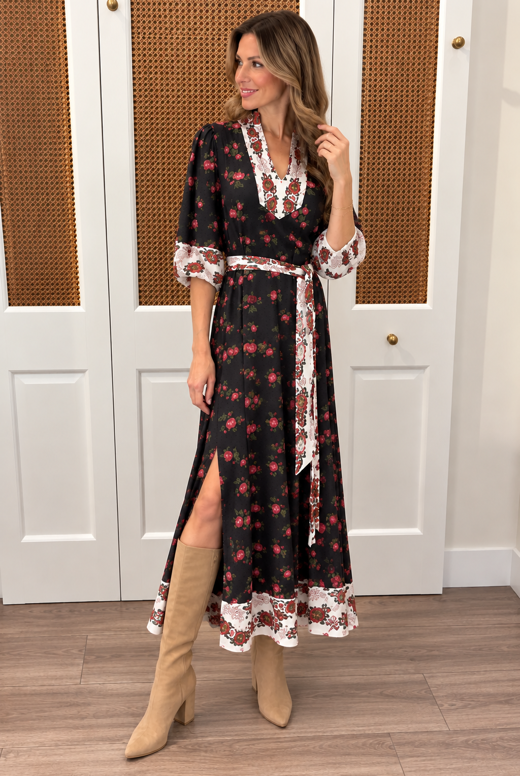 Brooks Dress by Smith & Quinn in Dream Garden — black rose print midi dress with A-line skirt and ivory border hem trim, slit view