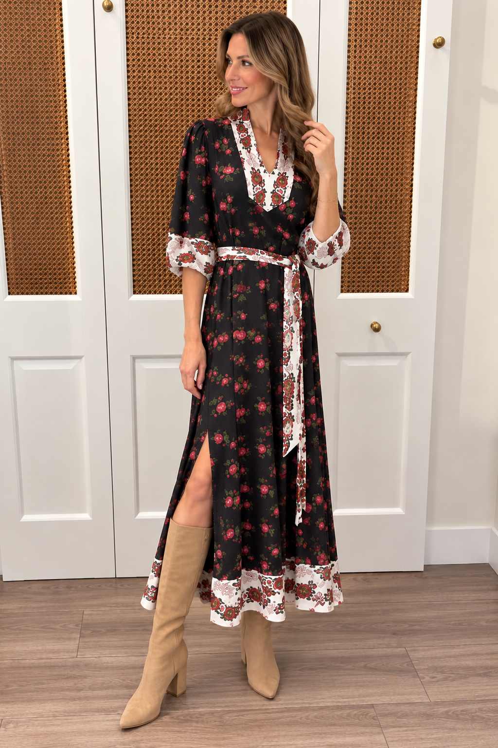 Brooks Dress by Smith & Quinn in Dream Garden — black rose print midi dress with A-line skirt and ivory border hem trim, slit view