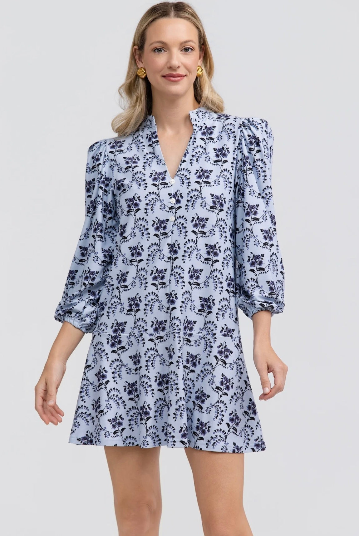 Hazel Dress by Smith & Quinn in Cornflower Parlour — powder blue navy floral mini dress with V-neckline and balloon sleeves, front view