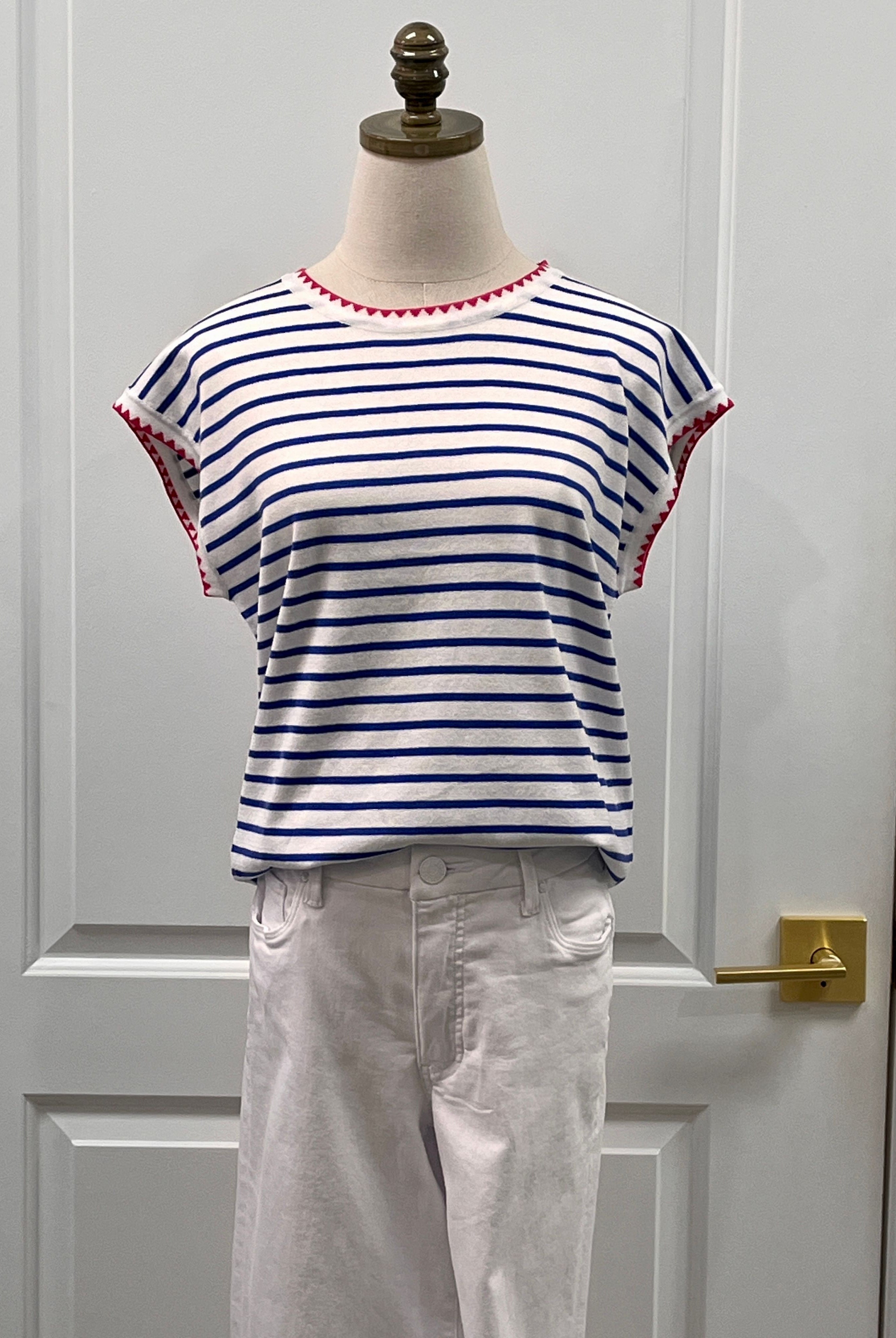 Staccato Lisa top with blue and white stripe pattern, long capped sleeves, casual knit sweater for women.