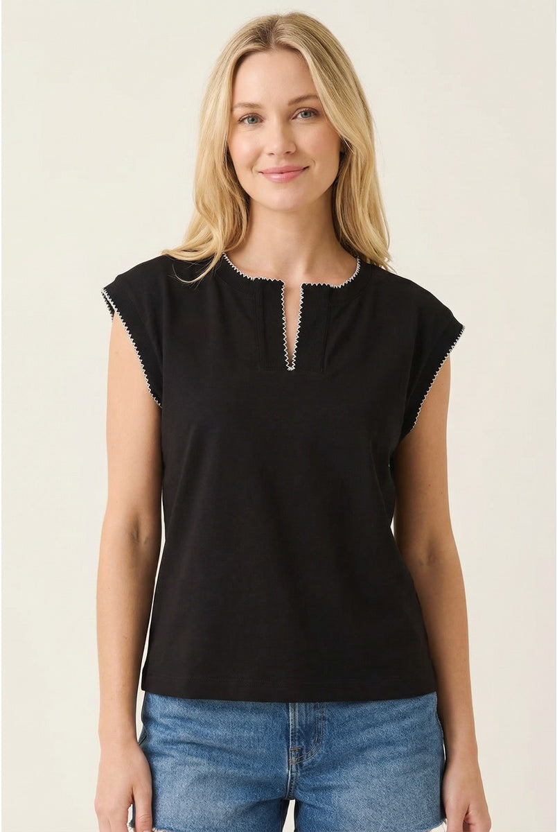 Staccato Edna sleeveless knit top with split neckline and picot stitch details, lightweight and stylish for casual wear.