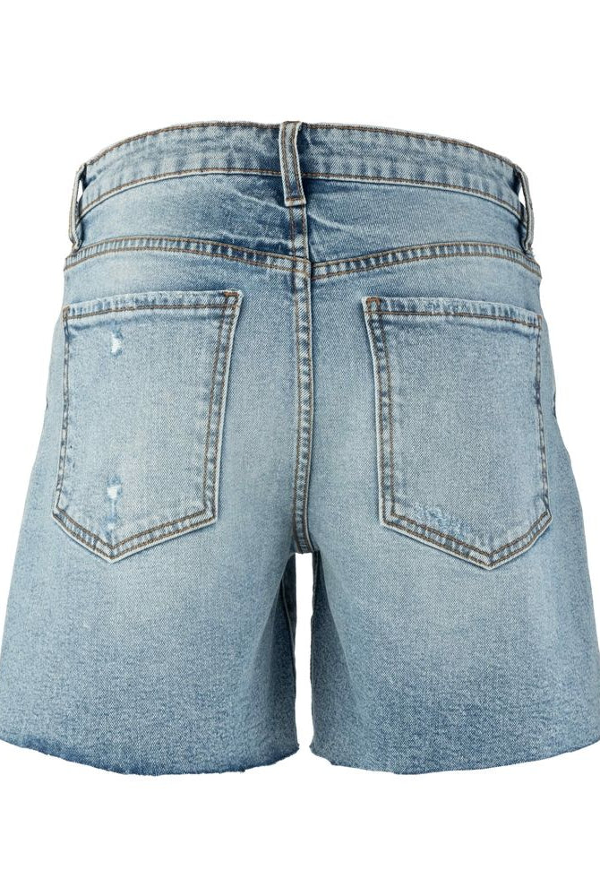 Kut from the Kloth Hailey high rise shorts in denim, featuring a classic cut and distressed details, displayed on a hanger.