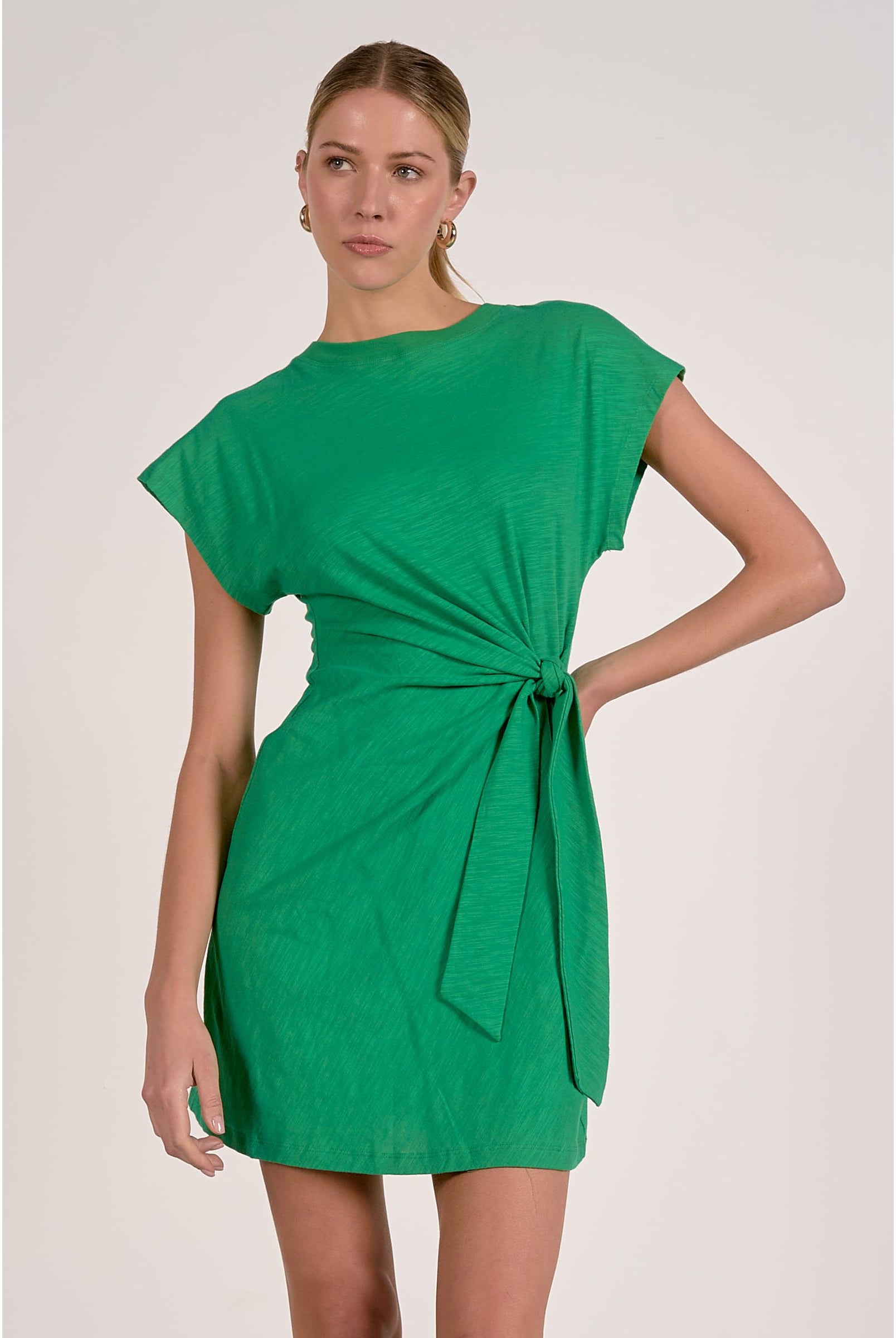 Elan Kinsley Dress displayed on a hanger, featuring a stylish design with elegant fabric and detailed stitching.