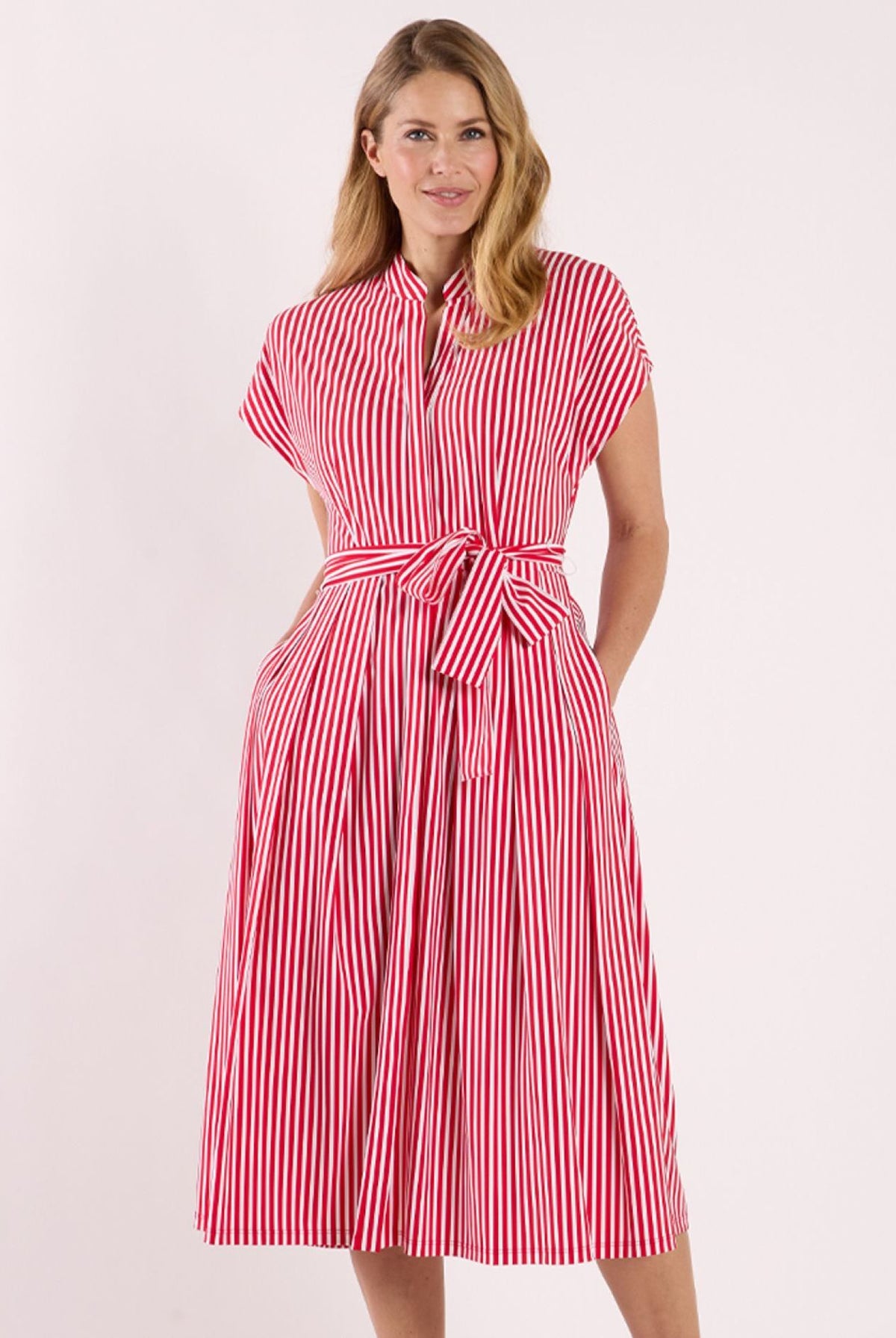 Matilda Dress red and white stripe midi, mandarin collar, cap sleeves, self-tie belt, pleated full skirt with pockets - Marj & Lizzie
