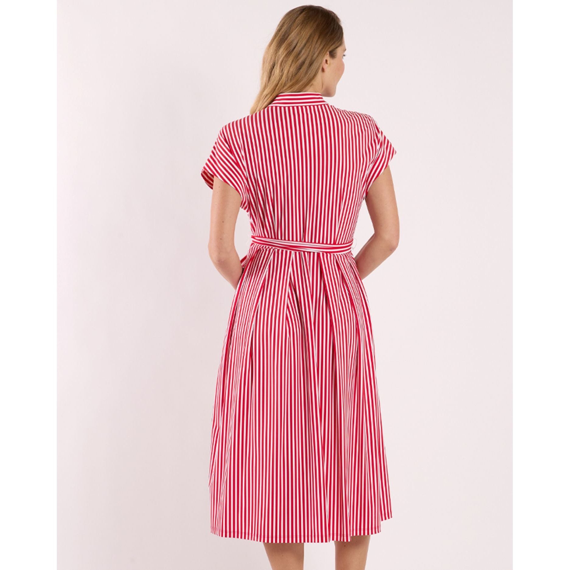 Matilda Dress red and white stripe midi back view, mandarin collar, cap sleeves, self-tie belt, pleated skirt - Marj & Lizzie