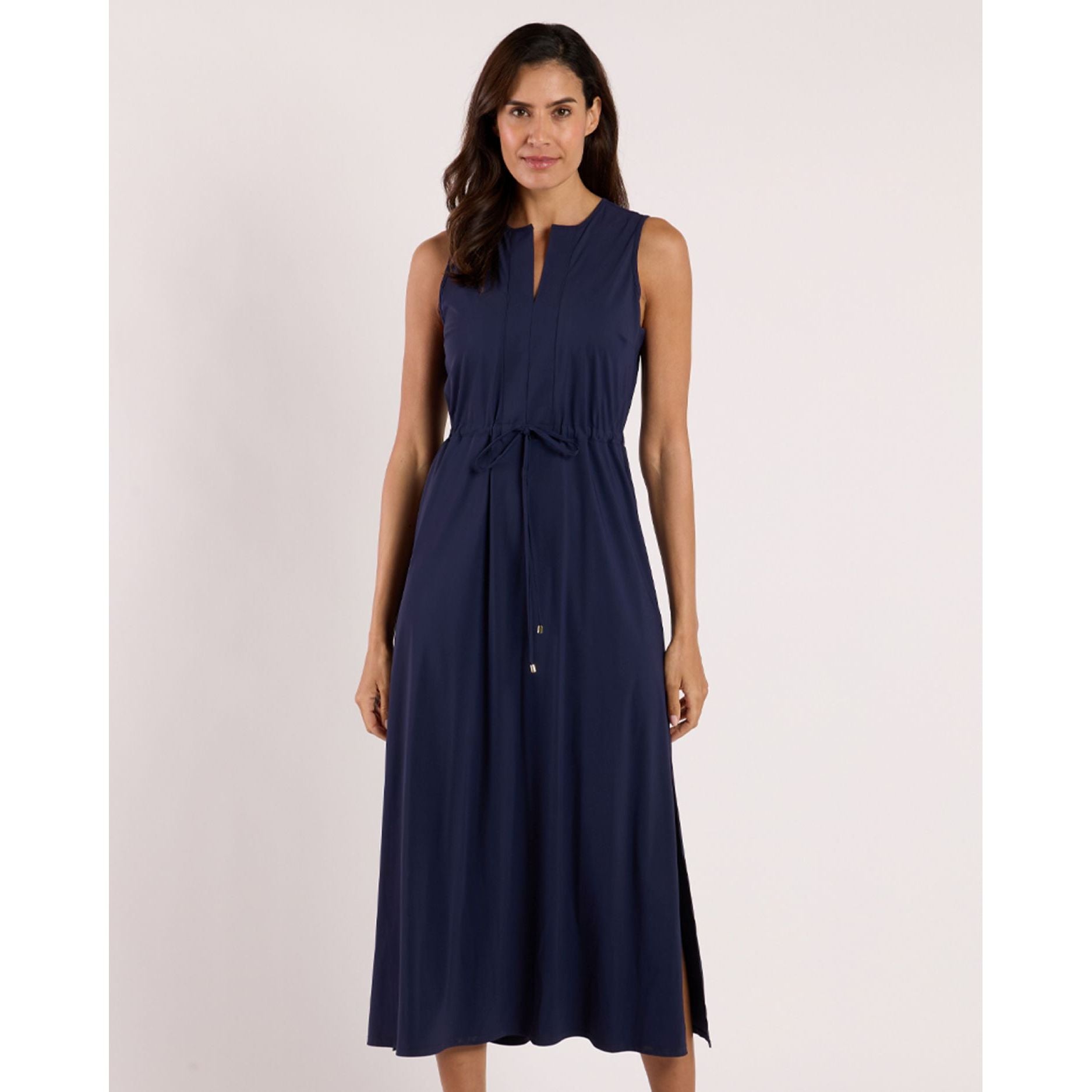 Bebe Dress navy sleeveless midi, v-neck, cinched waist, relaxed A-line skirt - Marj & Lizzie