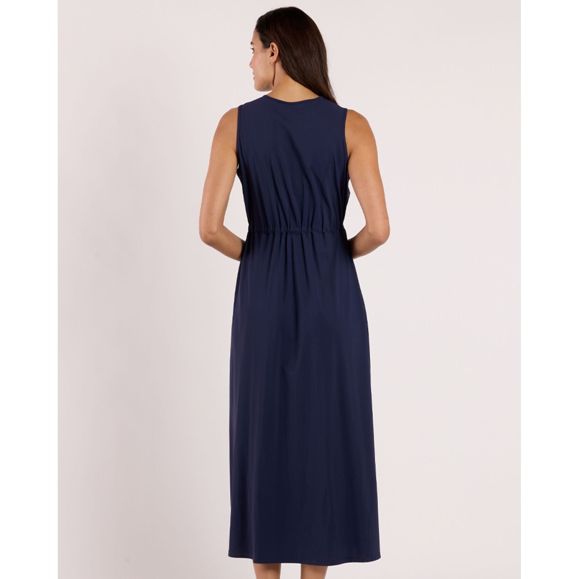 Bebe Dress navy sleeveless midi back view, cinched waist, relaxed A-line skirt - Marj & Lizzie