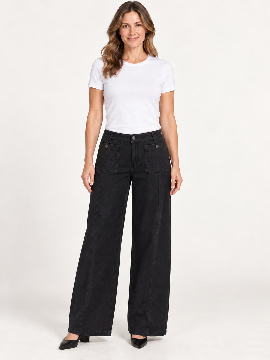 Saylor Pants by Velvet Heart in black washed cotton — wide-leg mid-rise silhouette with oversized pockets, front view. Style# DET1-10192