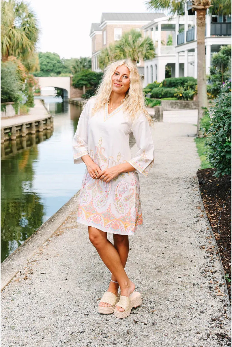 Eloise Dress ivory with pastel paisley border print, v-neck, 3/4 bell sleeves, knee length - Marj & Lizzie