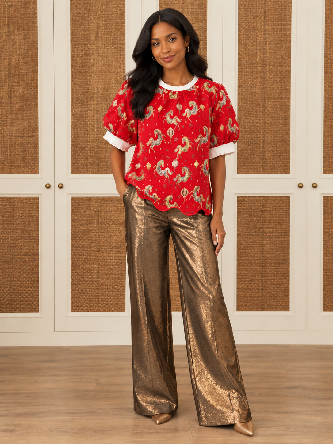 Sandra Top by Voy in red with a horse-and-lantern pattern, ivory neckline, puff sleeves, and scalloped hem, front view