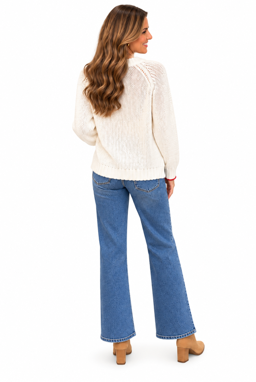 Candy Cane Sweater by Wooden Ships in white, back view with crossed red-and-pink candy canes and red cuff trim