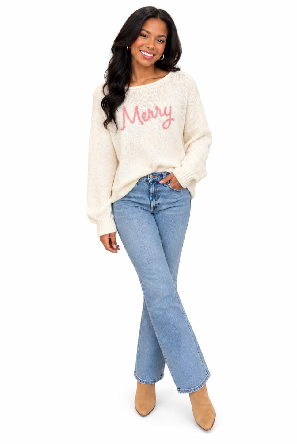 Merry Sweater by Wooden Ships in Pure Snow, front view showing Arctic Pink Merry embroidery and long sleeves