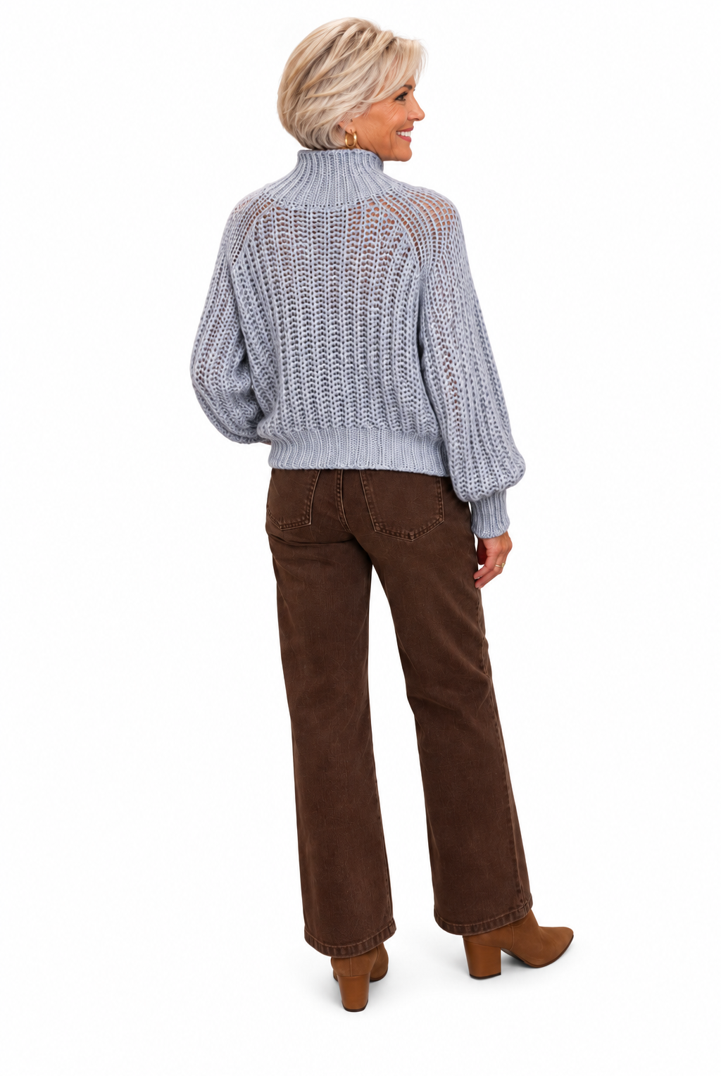 Tara Sweater by Wooden Ships in Frigid Gray, back view showing open knit, ribbed turtleneck, and raglan sleeves