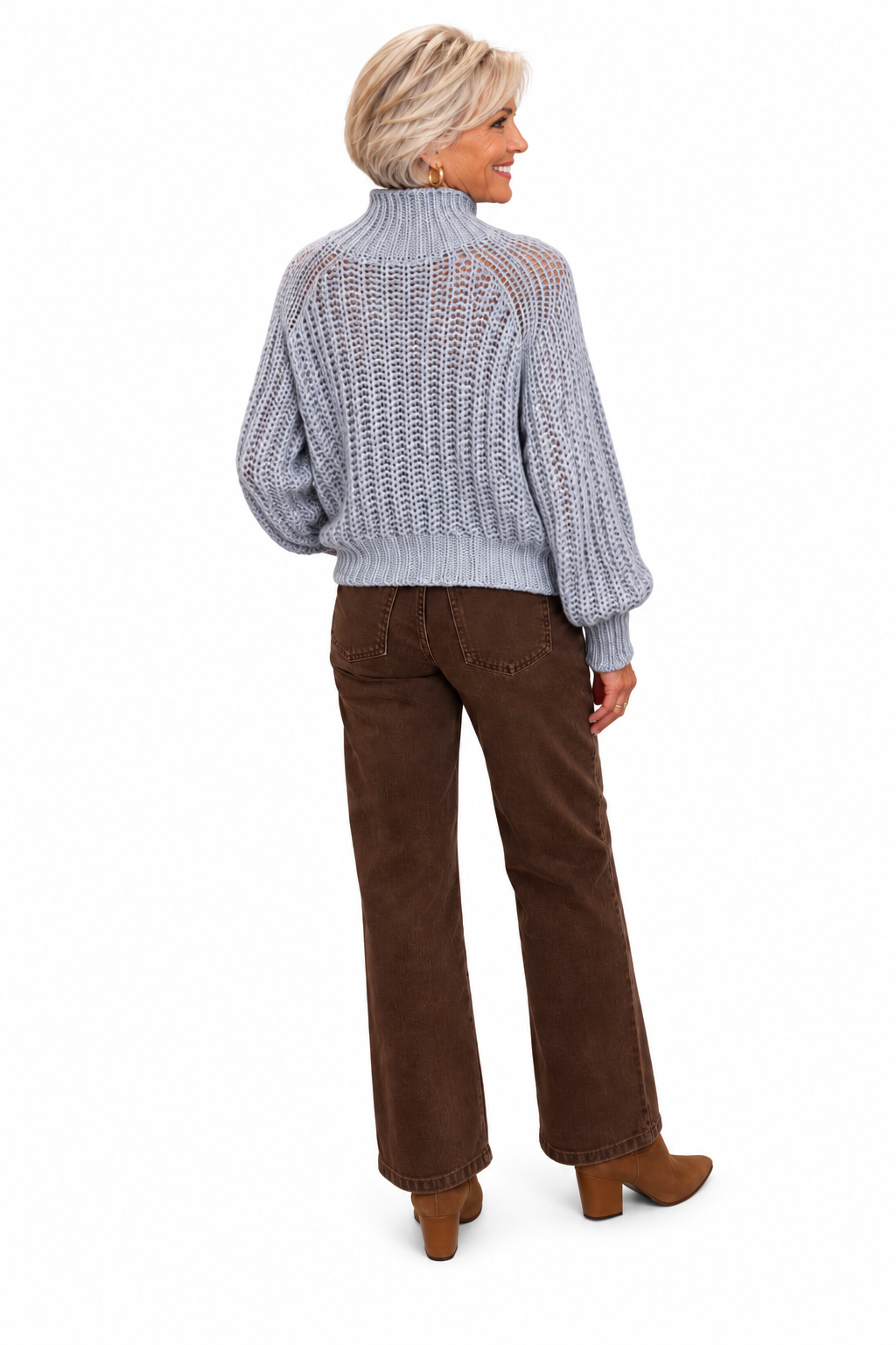 Tara Sweater by Wooden Ships in Frigid Gray, back view showing open knit, ribbed turtleneck, and raglan sleeves