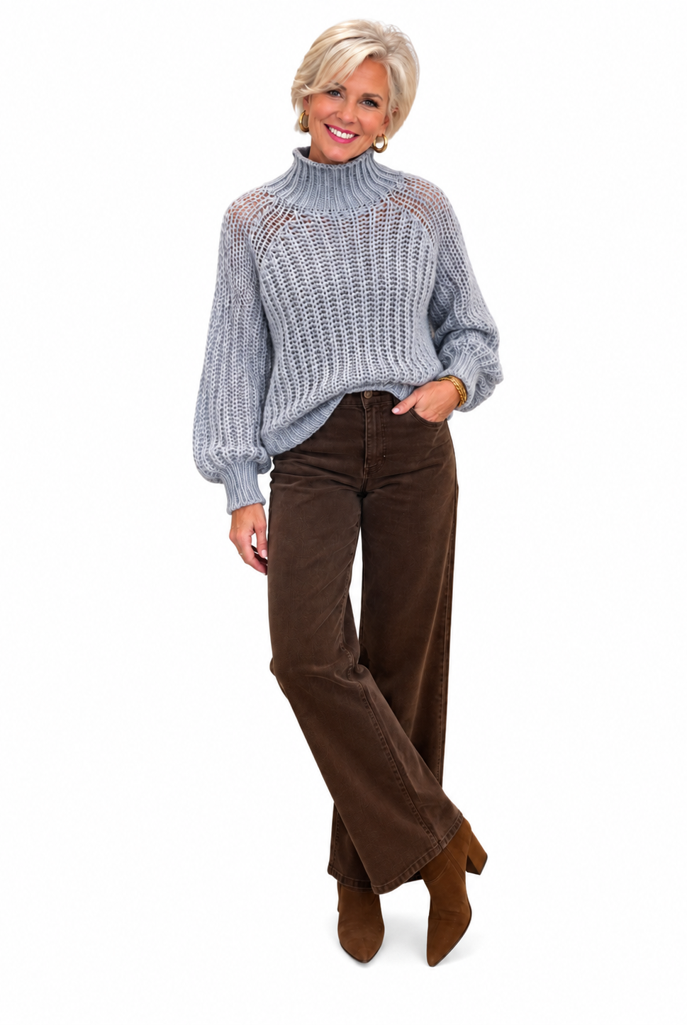 Tara Sweater by Wooden Ships in Frigid Gray, front view showing open knit, ribbed turtleneck, and raglan sleeves