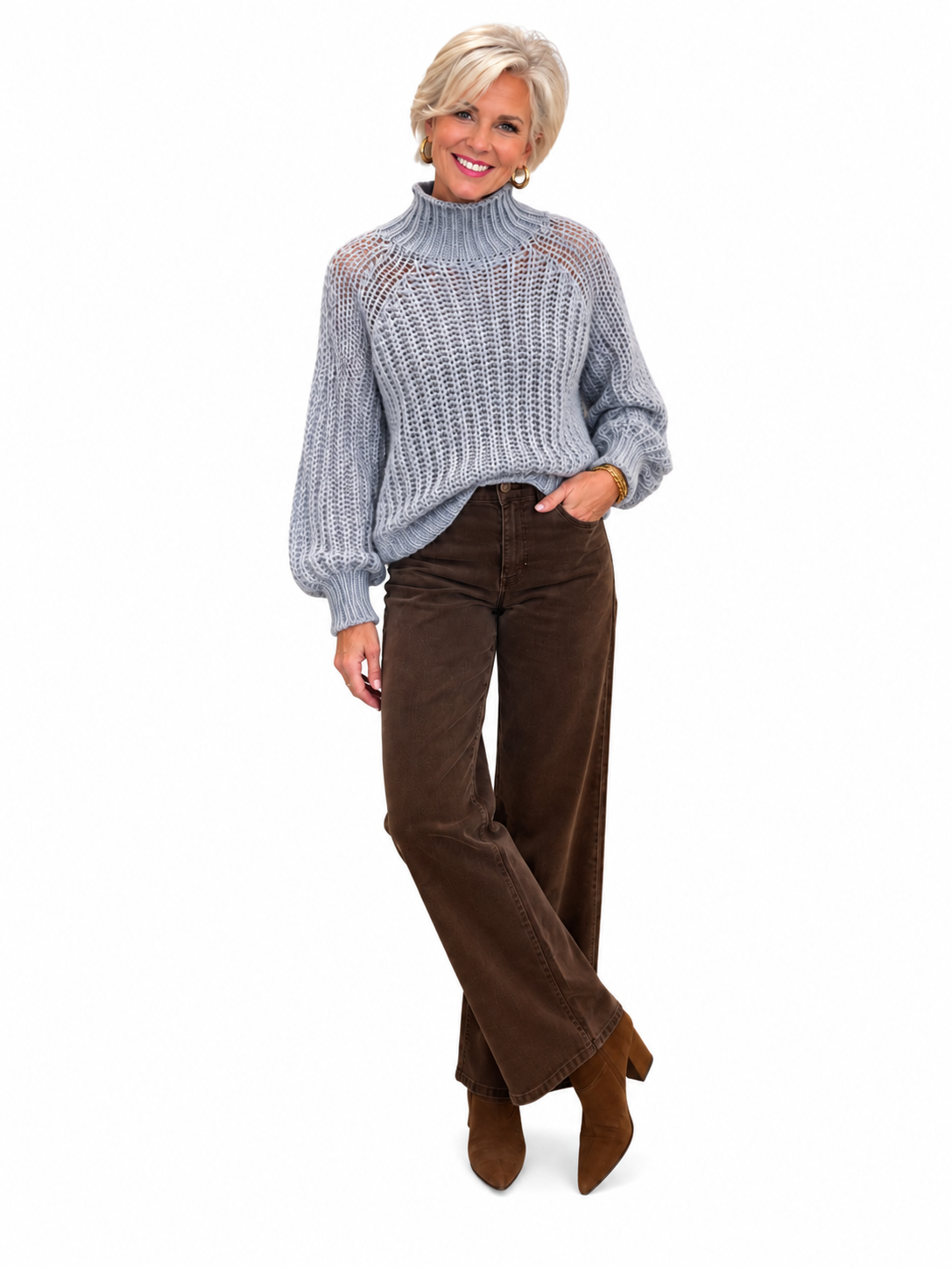 Tara Sweater by Wooden Ships in Frigid Gray, front view showing open knit, ribbed turtleneck, and raglan sleeves