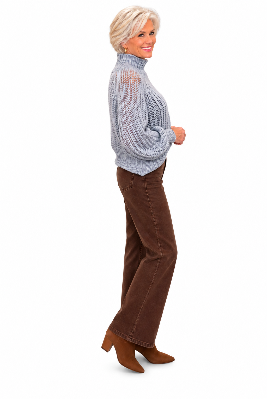 Tara Sweater by Wooden Ships in Frigid Gray, side view showing open knit, ribbed turtleneck, and raglan sleeves