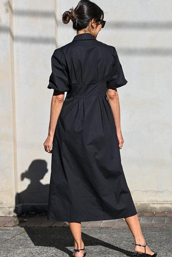 Axel Dress by Wyatt Wylde - black cotton maxi dress with pleated back bodice and full skirt, back view