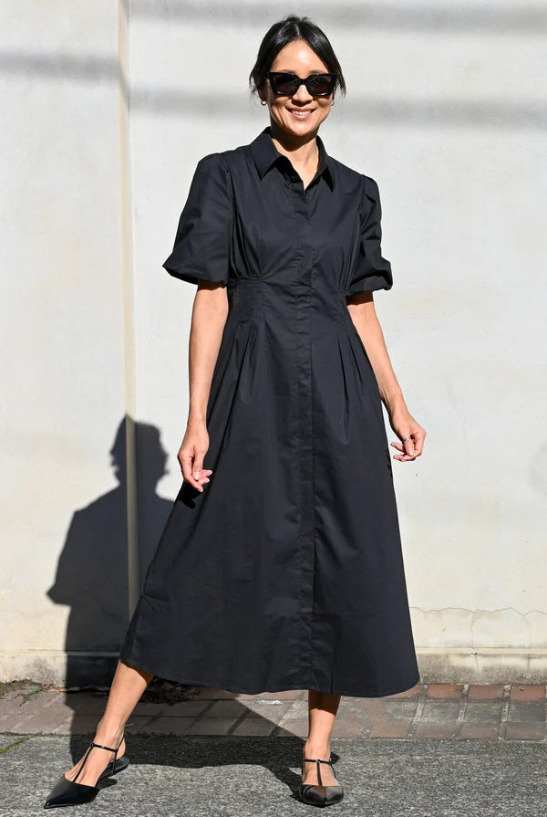 Axel Dress by Wyatt Wylde - black cotton poplin shirt maxi dress with puff sleeves and pleated skirt