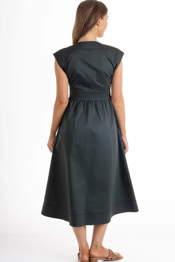 Noah Dress by Wyatt Wylde - olive green cap sleeve midi dress with gathered waist, back view