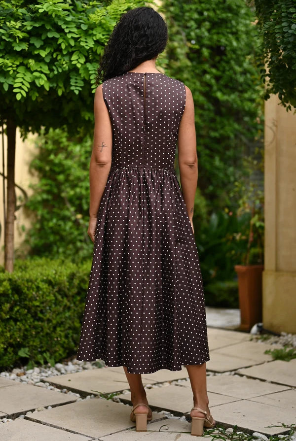 Julia Dress by Wyatt Wylde - brown spot cotton poplin midi dress, back view with drop waist