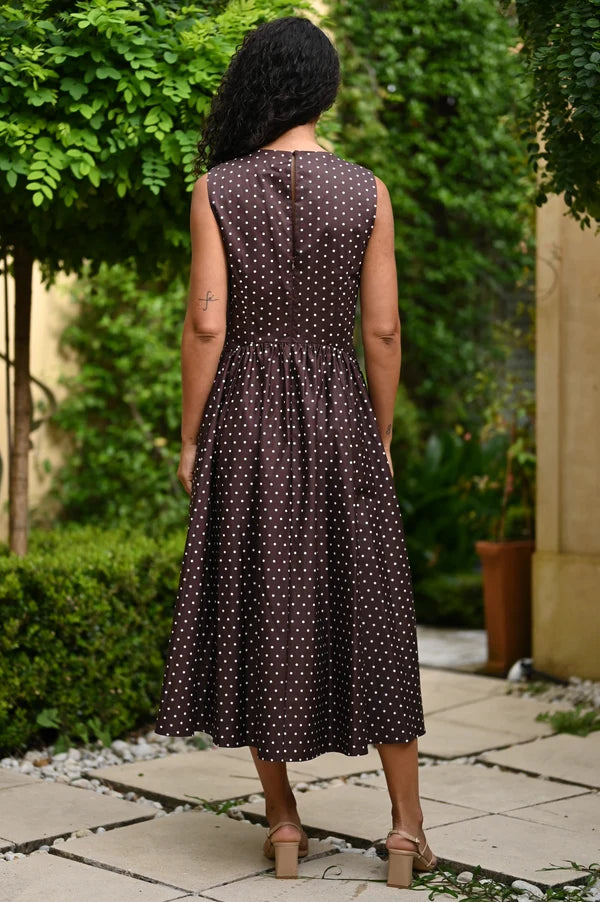 Julia Dress by Wyatt Wylde - brown spot cotton poplin midi dress, back view with drop waist