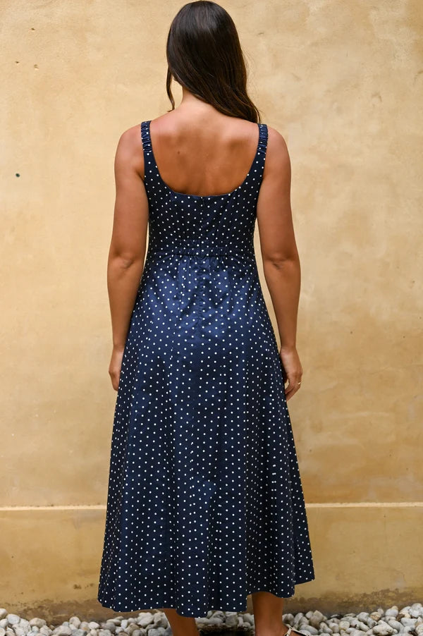 Orson Dress by Wyatt Wylde - navy polka dot maxi dress, back view showing scoop neckline
