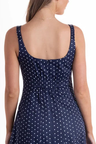 Orson Dress by Wyatt Wylde - navy polka dot maxi dress, back bodice detail with gathered waist