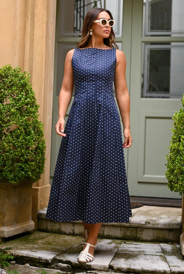 Orson Dress by Wyatt Wylde - navy polka dot sleeveless maxi dress, front view