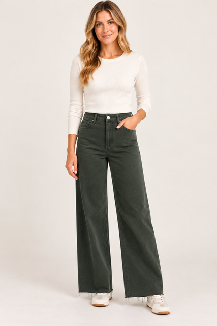 kut from the cloth meg high rise ab wide leg evergreen raw hem front
