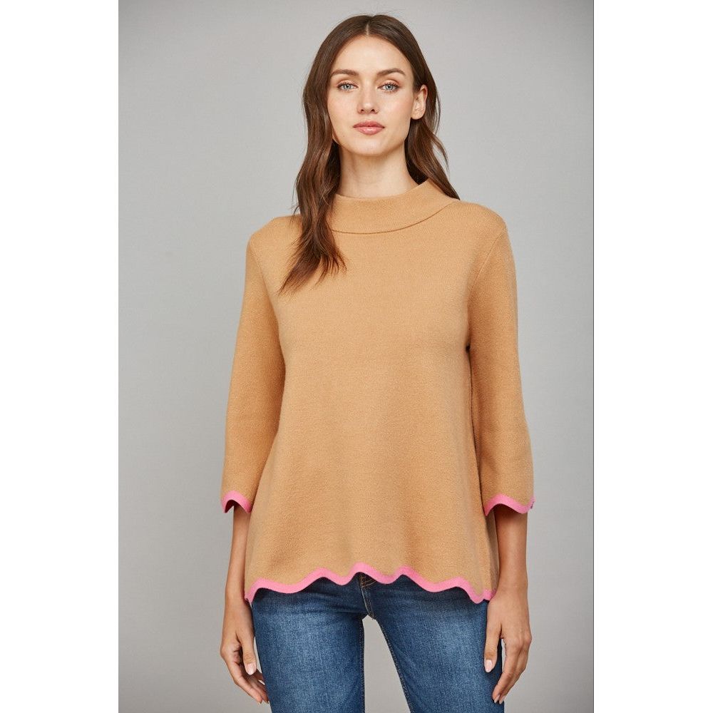 Fate, FW10429, sweater, scallop, mock turtle, camel, pink