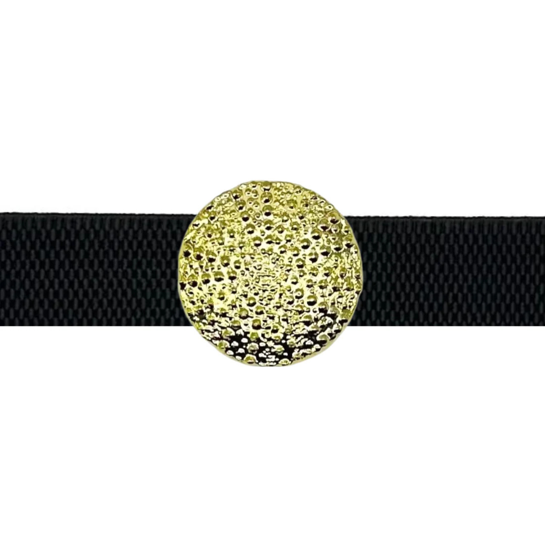 Pebbled Disc Belt Buckle gold hammered disc on black elastic belt, product shot - Marj & Lizzie