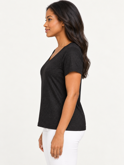 Amaya Top by Another Love in black, side view showing short sleeves and gently relaxed silhouette