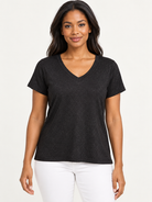 Amaya Top by Another Love in black, front view showing V-neckline, short sleeves, and straight hem