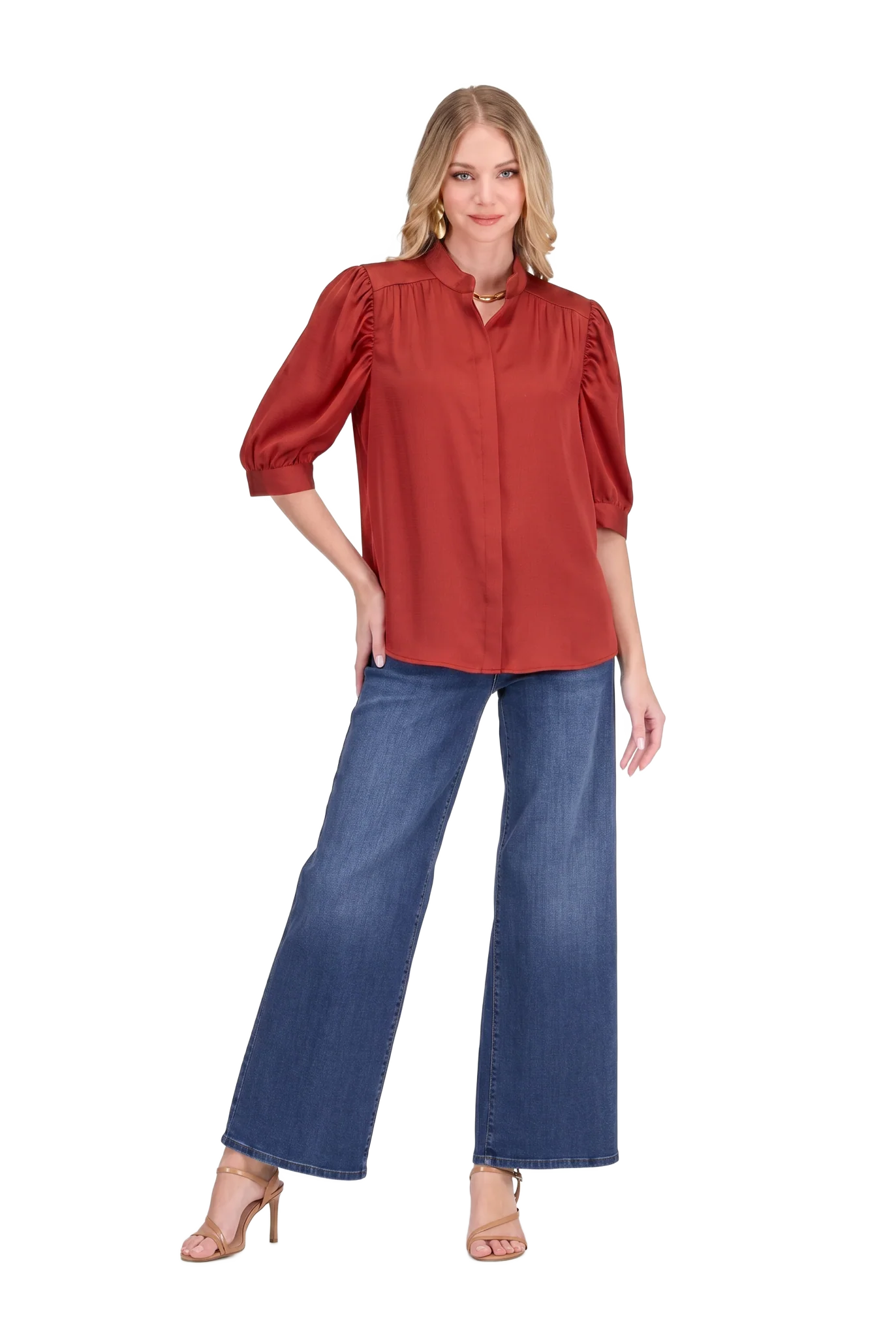 Callie Top by Jade in apple red — puff sleeve button-front top with band collar and concealed placket, full front view