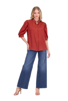 Callie Top by Jade in apple red — puff sleeve button-front top with band collar and concealed placket, full front view