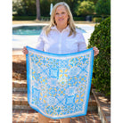 Blue Sorrento Mosaic Print Scarf by Caroline Hill, stylish accessories with intricate mosaic design, shown draped on a model.