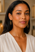 Tortoise Inspired Link Earring by Ali Bird worn on model, gold and tortoise resin double link drop earrings style#e076gtor