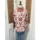 Alisa Sweater Fate Style # FW10405  blush brown floral and vine pattern jacquard knit 