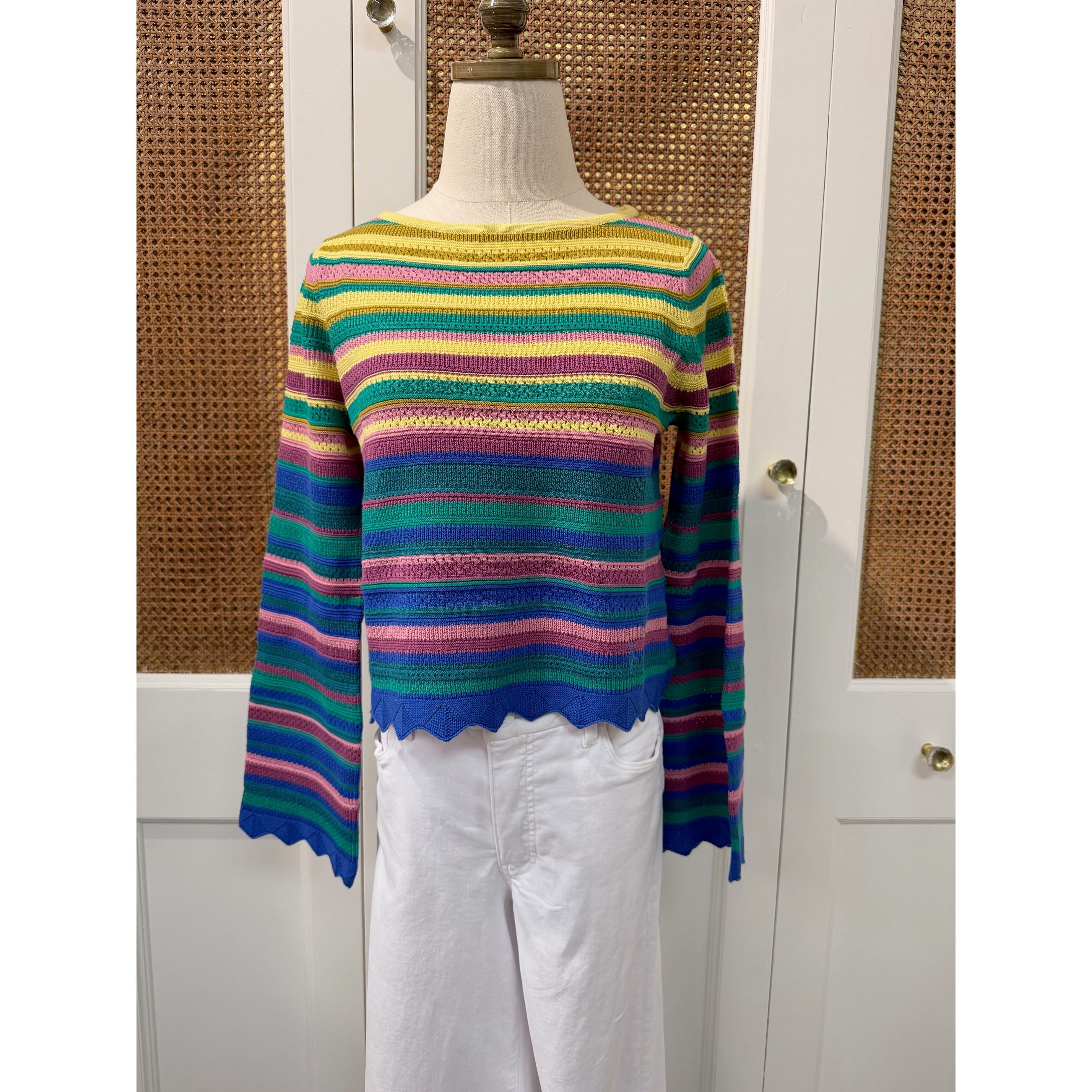 Alivia Abigail sweater in sunset stripe knit featuring long sleeves and a cozy, stylish design perfect for casual wear.